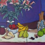 Warm arrangement with Iris & Plums