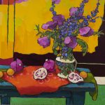 Warm arrangement with Iris & Plums