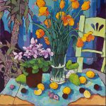 Warm arrangement with Iris & Plums