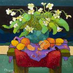 Warm arrangement with Iris & Plums
