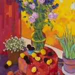 Warm arrangement with Iris & Plums