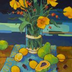 Warm arrangement with Iris & Plums